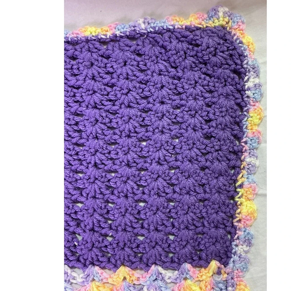 Vintage Handmade Crochet Baby Blanket Purple Pastel Throw 24x24 Cottagecore
